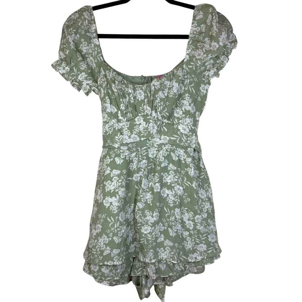 Womens S Romper Sage Green Floral Puff Sleeve Tiered Ruffle Cottagecore